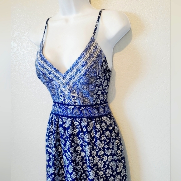 ZARA Boho Maxi Slip Dress Open Tie Back Blue & White Paisley Print Triangle - Picture 3 of 8